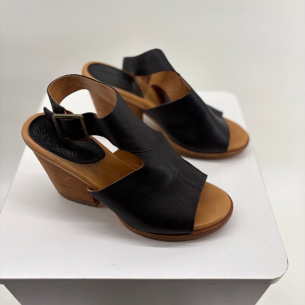 Kork-Ease Linen Black Leather Wedge Sandals Ankle Strap Block Heel K53303 9M